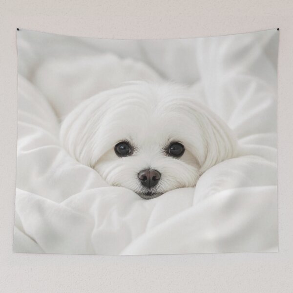 Item preview, Fluffy White Maltese Dog Rests on Plush Bed designed and sold by Lucia Amaris Art.