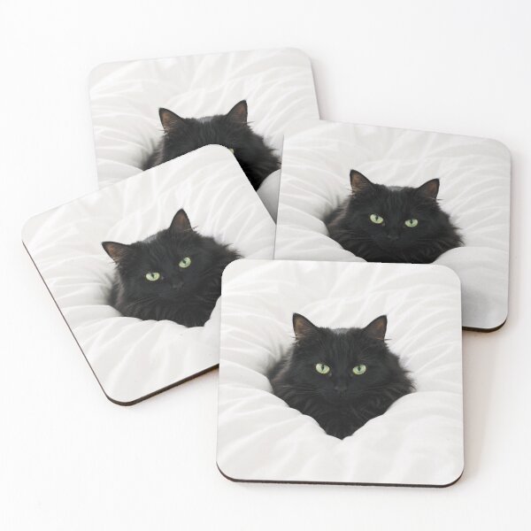 Item preview, Fluffy Black Cat Rests on White Bed, Green Eyes designed and sold by Lucia Amaris Art.