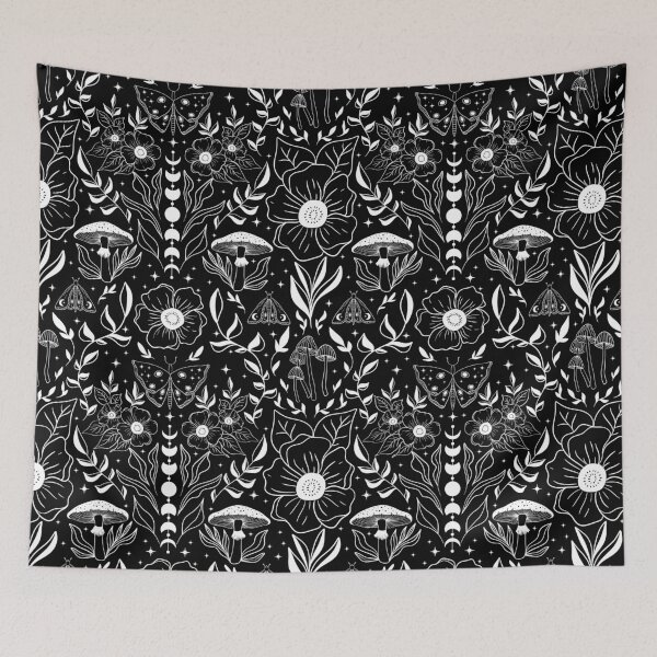Item preview, Whimsigoth Moth Moon Damask White on Black designed and sold by WonderAndWhim.