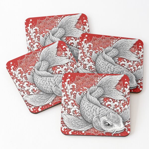 Item preview, Black and White Koi Fish Mandala Art on Red Background | Japanese Sacred Geometry Wall Art | Ornamental Animal Illustration | Zen Tattoo Style Decor designed and sold by suryabumblee.
