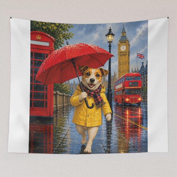 Item preview, Jack Russell walking in the rain with a red umbrella designed and sold by Nomad-Paws.