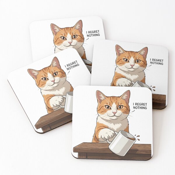 Item preview, Funny "I Regret Nothing" Cat Knocking Over Mug - Minimalist Art designed and sold by HumourLabShop.