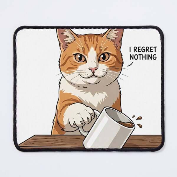 Item preview, Funny "I Regret Nothing" Cat Knocking Over Mug - Minimalist Art designed and sold by HumourLabShop.