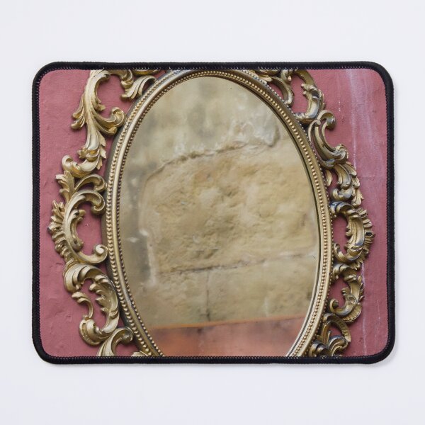 Item preview, Ornate Gold Mirror With Antique Baroque Frame Hanging On Textured Red Plastered Wall designed and sold by Nmallia.