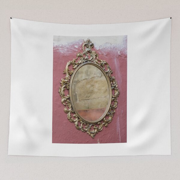 Item preview, Ornate Gold Mirror With Antique Baroque Frame Hanging On Textured Red Plastered Wall designed and sold by Nmallia.