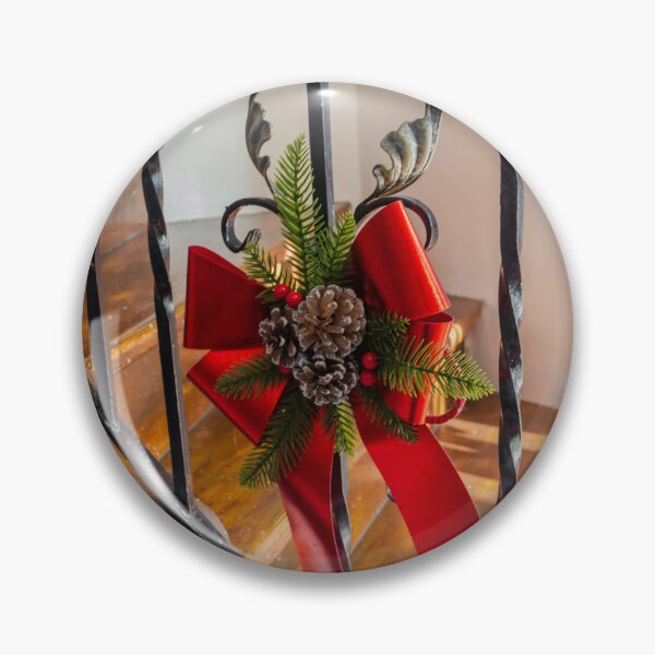Item preview, Festive Red Bow With Pinecones And Evergreen Holiday Decoration On Wrought Iron Stair Railing designed and sold by Nmallia.