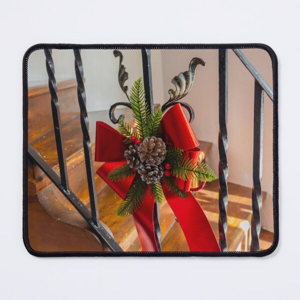 Item preview, Festive Red Bow With Pinecones And Evergreen Holiday Decoration On Wrought Iron Stair Railing designed and sold by Nmallia.