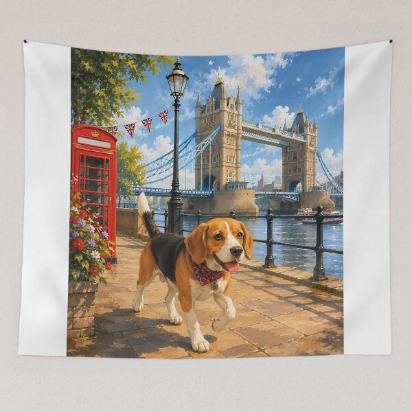 Item preview, Beagle strolling near Tower Bridge designed and sold by Nomad-Paws.