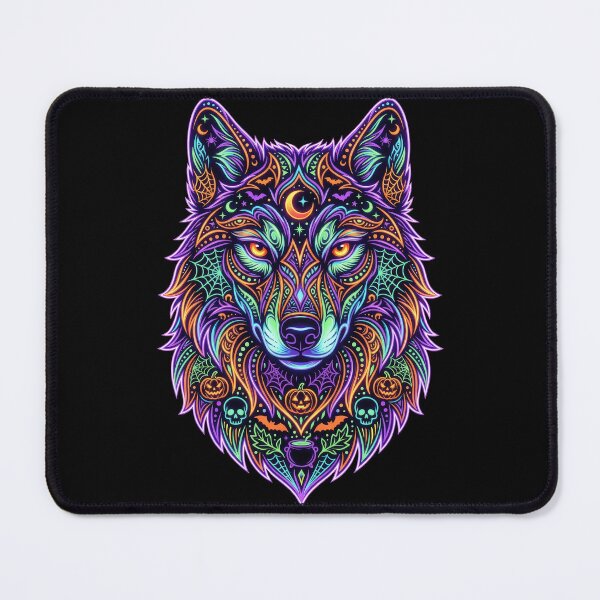 Item preview, Neon Halloween Wolf Mandala | Glowing Psychedelic Wildlife Art designed and sold by PlumArtDesign.