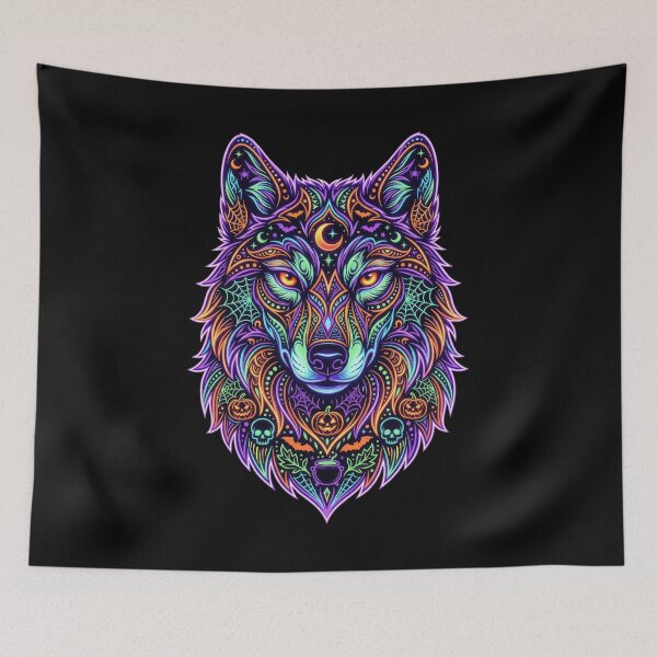Item preview, Neon Halloween Wolf Mandala | Glowing Psychedelic Wildlife Art designed and sold by PlumArtDesign.