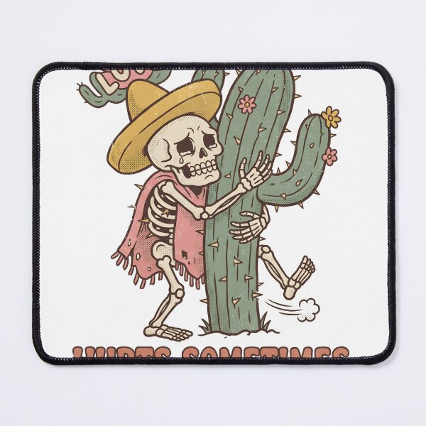 Item preview, Skeleton in Sombrero and Poncho Hugging Spiky Cactus with Pained Expression designed and sold by MisteryDesigner.