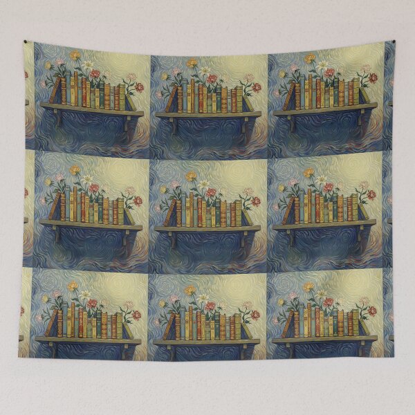 Item preview, Whimsical Bookshelf with Flowers – Van Gogh Style Book Art designed and sold by D-Islamic.