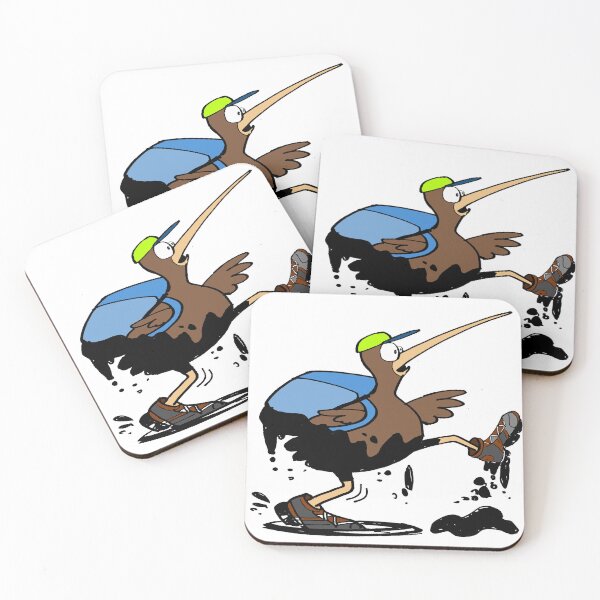 Item preview, Funny cartoon kiwi carrying backpack and staggering through mud designed and sold by Al Benge - NZ & Australian Art.
