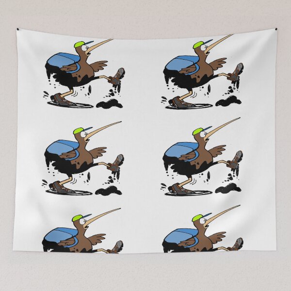 Item preview, Funny cartoon kiwi carrying backpack and staggering through mud designed and sold by Al Benge - NZ & Australian Art.