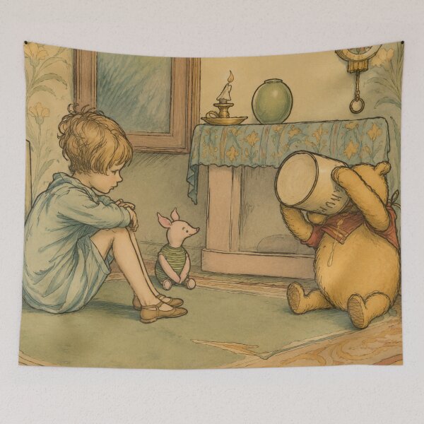 Item preview, Vintage Storybook Wall Art – Winnie the Pooh, Piglet & Christopher Robin Honey Illustration for Nursery Decor designed and sold by RickE.