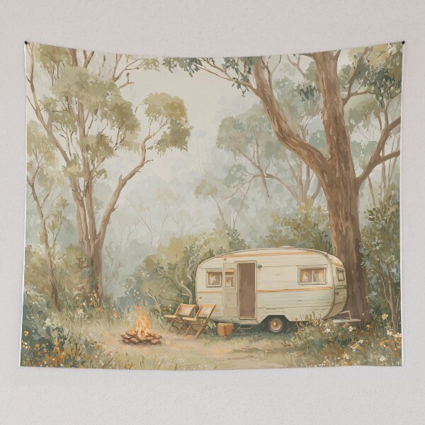 Item preview, Vintage Caravan Bush Camping Watercolour | Australian Forest Camp Art Print designed and sold by Bound for Wonder.