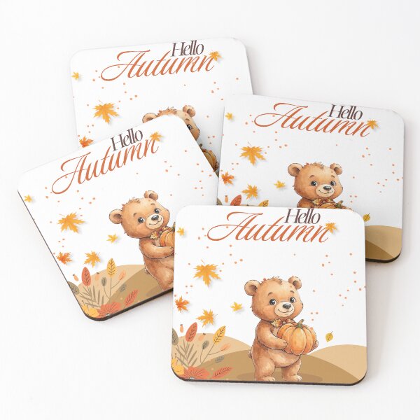 Item preview, Cute watercolor teddy bear with pumpkin and falling autumn leaves. Saying hello to autumn. designed and sold by VibranPalette.