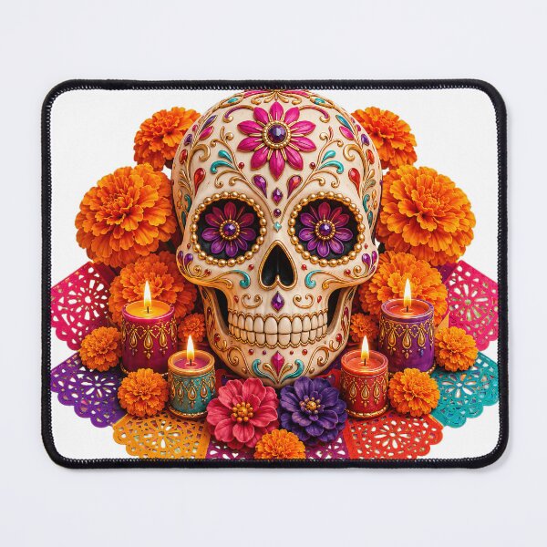 Item preview, Decorative Día de los Muertos Sugar Skull with Marigolds and Candles designed and sold by WangAew.