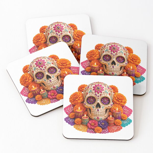Item preview, Decorative Día de los Muertos Sugar Skull with Marigolds and Candles designed and sold by WangAew.