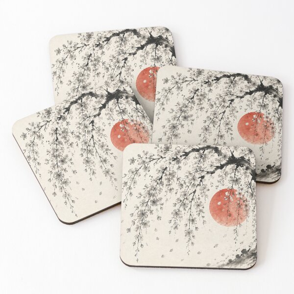 Item preview, Sakura 桜 - Weeping Cherry Blossom Sumi-e Ink Painting with Red Sun designed and sold by KeisJapan.
