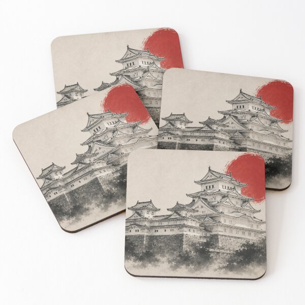 Item preview, Himeji Castle 姫路城 - Japanese Sumi-e Ink Painting with Red Sun designed and sold by KeisJapan.