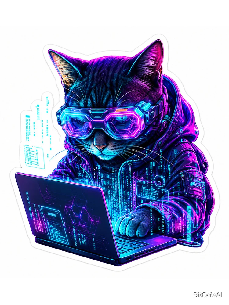 Thumbnail 4 of 4, iPhone Case, Cyberpunk Hacker Cat - Developer Matrix Code Neon Sticker designed and sold by BitCafeAI.
