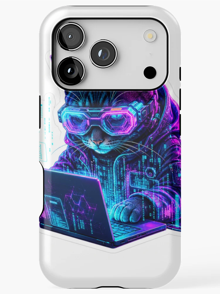 Thumbnail 1 of 4, iPhone Case, Cyberpunk Hacker Cat - Developer Matrix Code Neon Sticker designed and sold by BitCafeAI.