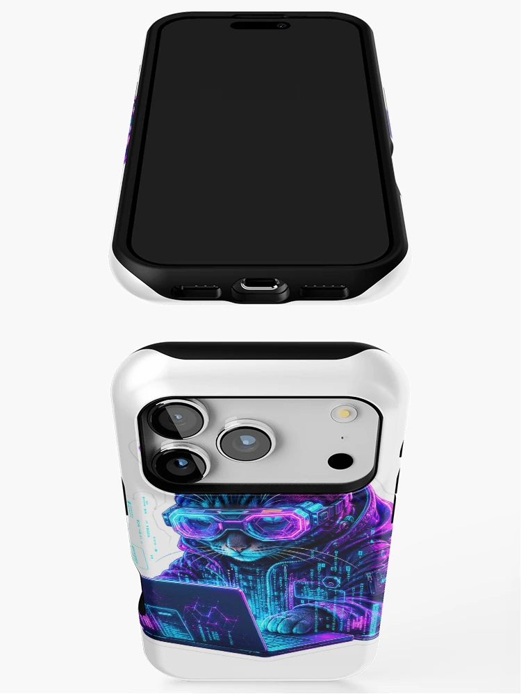 Thumbnail 3 of 4, iPhone Case, Cyberpunk Hacker Cat - Developer Matrix Code Neon Sticker designed and sold by BitCafeAI.