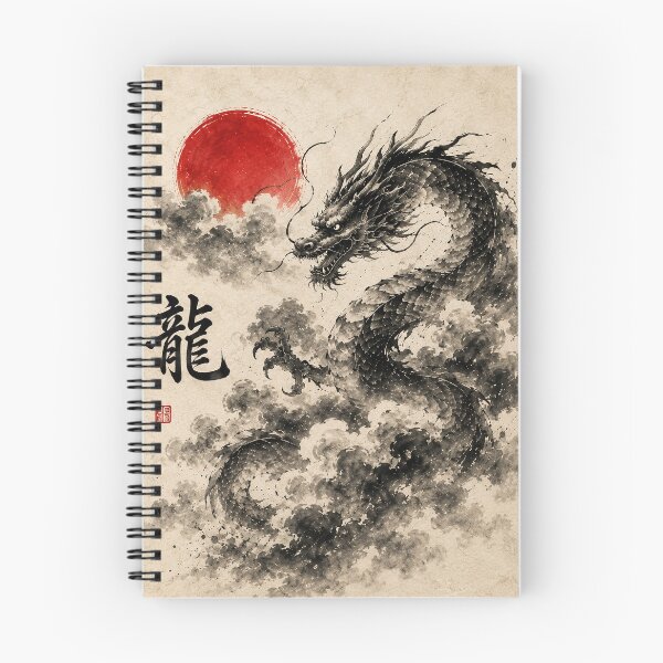 Item preview, Ryu 龍 - Japanese Dragon Sumi-e Ink Painting with Red Rising Sun designed and sold by KeisJapan.
