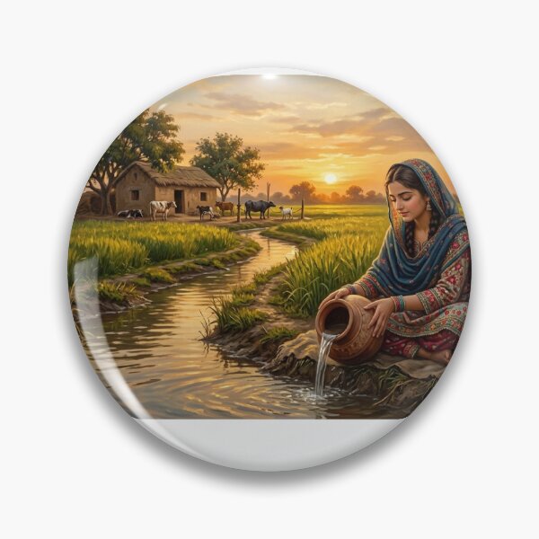 Item preview, Pakistani Punjabi Village Girl Filling Clay Pot at Sunset Water Canal Painting designed and sold by Arts121.