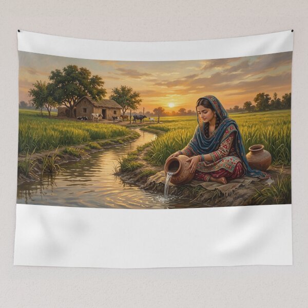 Item preview, Niña de pueblo punjabí pakistaní llenando una olla de barro en un canal de agua al atardecer (pintura) designed and sold by Arts121.