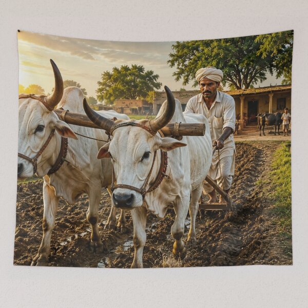 Item preview, Traditional Punjabi Farmer Ploughing Field with Oxen | Rural Village Wall Art designed and sold by Arts121.