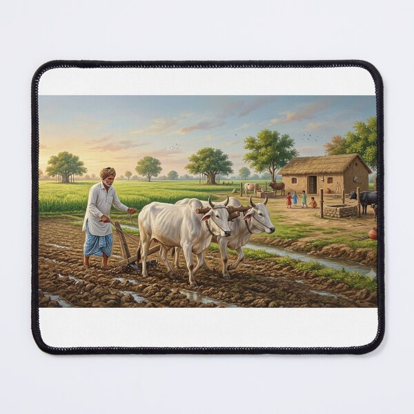 Item preview, Traditional Punjabi Farmer Ploughing Field with Oxen - Rural Village Art designed and sold by Arts121.