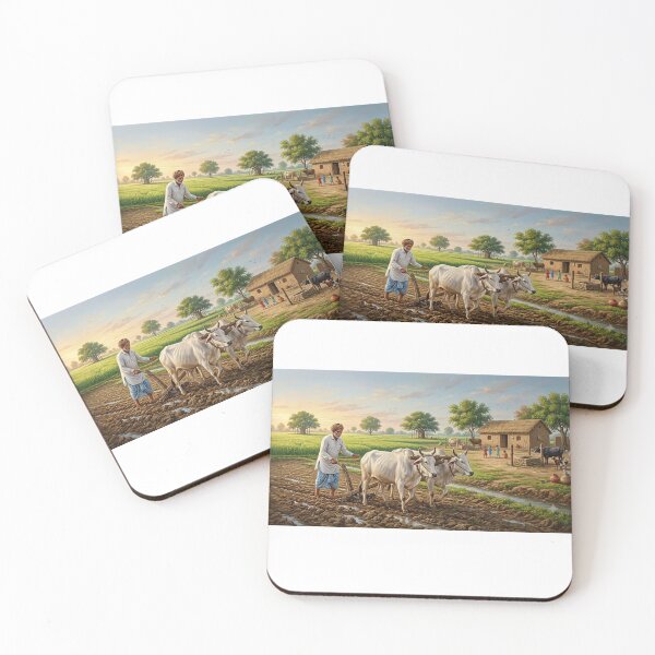 Item preview, Traditional Punjabi Farmer Ploughing Field with Oxen - Rural Village Art designed and sold by Arts121.