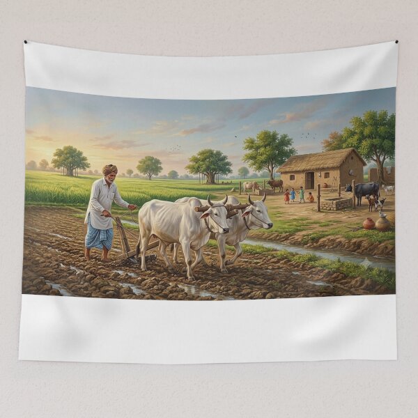 Item preview, Traditional Punjabi Farmer Ploughing Field with Oxen - Rural Village Art designed and sold by Arts121.