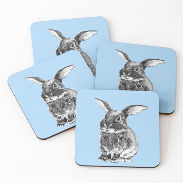 Item preview, Cute black bunny baby pencil sketch blue background designed and sold by bee-denham-art.