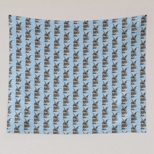 Item preview, Cute black bunny baby pencil sketch blue background designed and sold by bee-denham-art.
