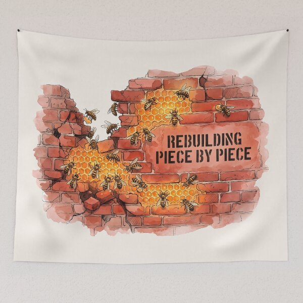 Item preview, Rebuilding Piece By Piece - Resilient Bees and Honeycomb Brick Wall Art designed and sold by SoulPT.