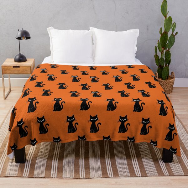 Item preview, Orange background and black cat in a Halloween theme decor idea handloom seamless repeat pattern designed and sold by Onlineshoppingstoremumbai.