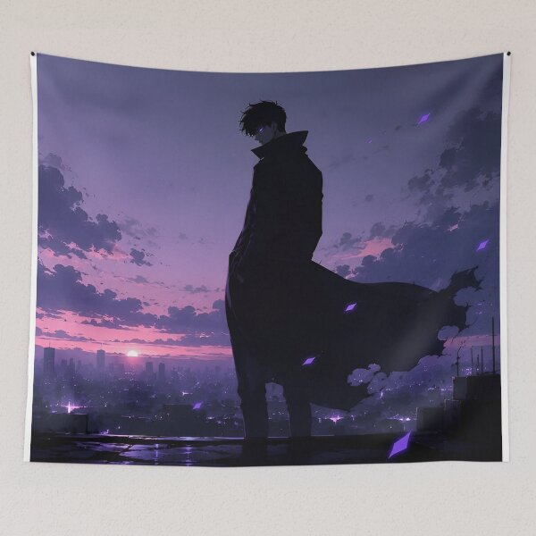 Item preview, Shadow Monarch Inspired – Dark Fantasy Hunter Silhouette | Purple Anime Style Art designed and sold by Dyan4.