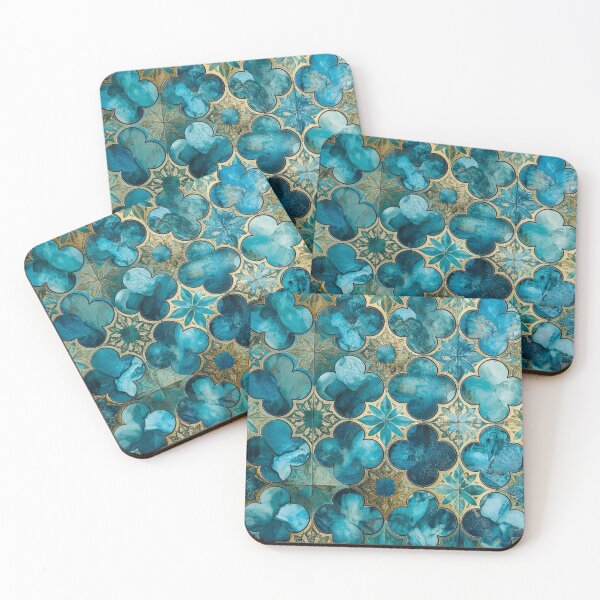 Item preview, Teal Gold Moroccan Floral Tile Pattern Watercolor Mosaic Art designed and sold by GrinGalore.