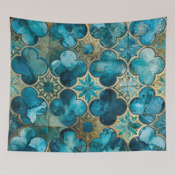 Item preview, Teal Gold Moroccan Floral Tile Pattern Watercolor Mosaic Art designed and sold by GrinGalore.