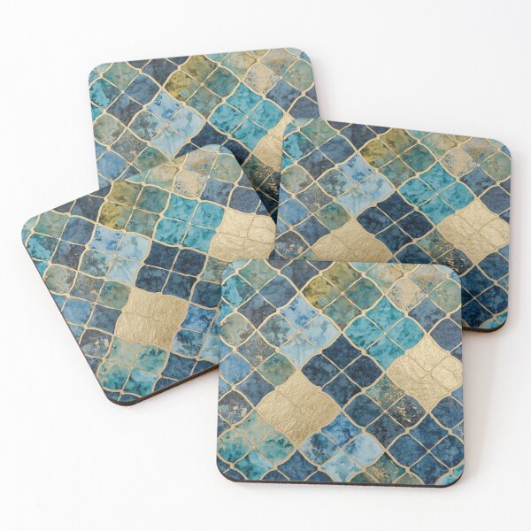 Item preview, Blue Gold Moroccan Diamond Tile Pattern Watercolor Mosaic Art designed and sold by GrinGalore.