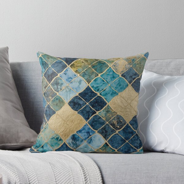 Item preview, Blue Gold Moroccan Diamond Tile Pattern Watercolor Mosaic Art designed and sold by GrinGalore.