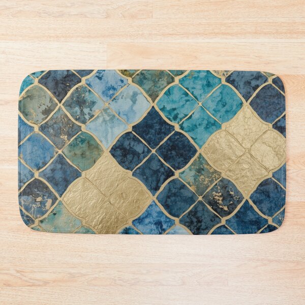 Item preview, Blue Gold Moroccan Diamond Tile Pattern Watercolor Mosaic Art designed and sold by GrinGalore.