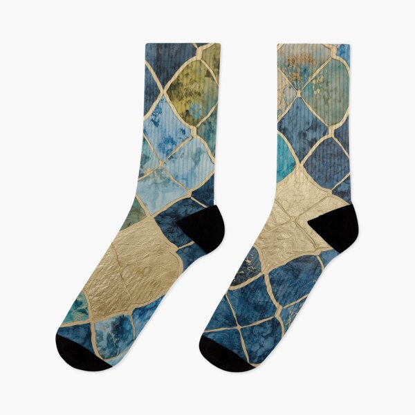 Item preview, Blue Gold Moroccan Diamond Tile Pattern Watercolor Mosaic Art designed and sold by GrinGalore.