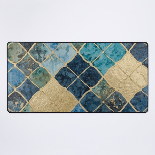 Item preview, Blue Gold Moroccan Diamond Tile Pattern Watercolor Mosaic Art designed and sold by GrinGalore.