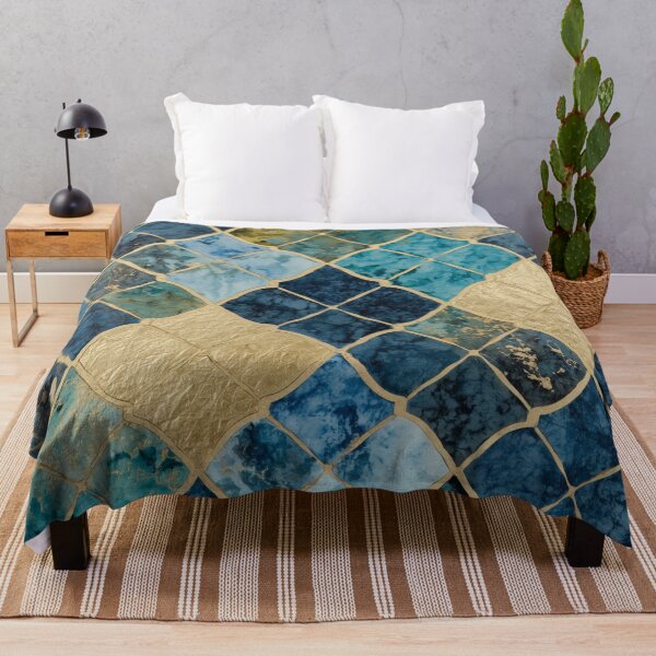 Item preview, Blue Gold Moroccan Diamond Tile Pattern Watercolor Mosaic Art designed and sold by GrinGalore.