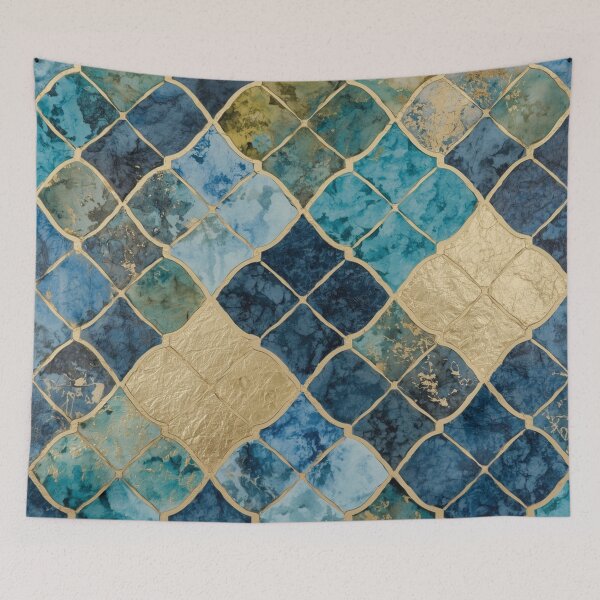 Item preview, Blue Gold Moroccan Diamond Tile Pattern Watercolor Mosaic Art designed and sold by GrinGalore.