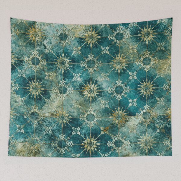 Item preview, Luxury Teal Gold Moroccan Star Tile Pattern Watercolor Art designed and sold by GrinGalore.